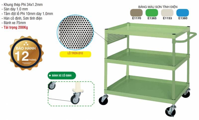 Xe đẩy 3 sàn có tấm treo dụng cụ - Image 1