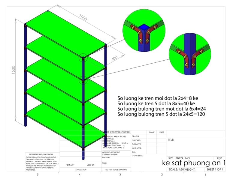 Kệ sắt 5 tầng 1000x400x2000mm